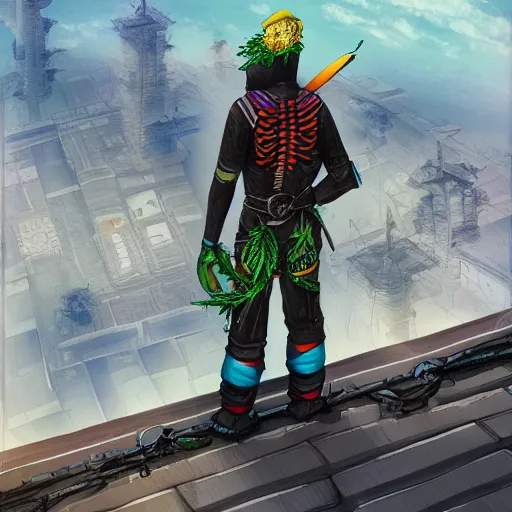 Image similar to a lunarpunk ninja on the roof of the building watching the lunarpunk city, overhead view, digital art, trending on artstation, behance, deviantart,