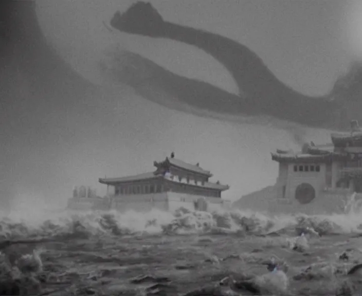 Image similar to a filmstill of a north korean monster movie, kaiju - eiga monster with starfish - arms trampling a traditional korean palace, foggy, film noir, epic battle, etheral, explosions, communist propaganda, communist epic thriller produced by kim jong - il, cinematography by akira kurosawa and tim burton, video compression