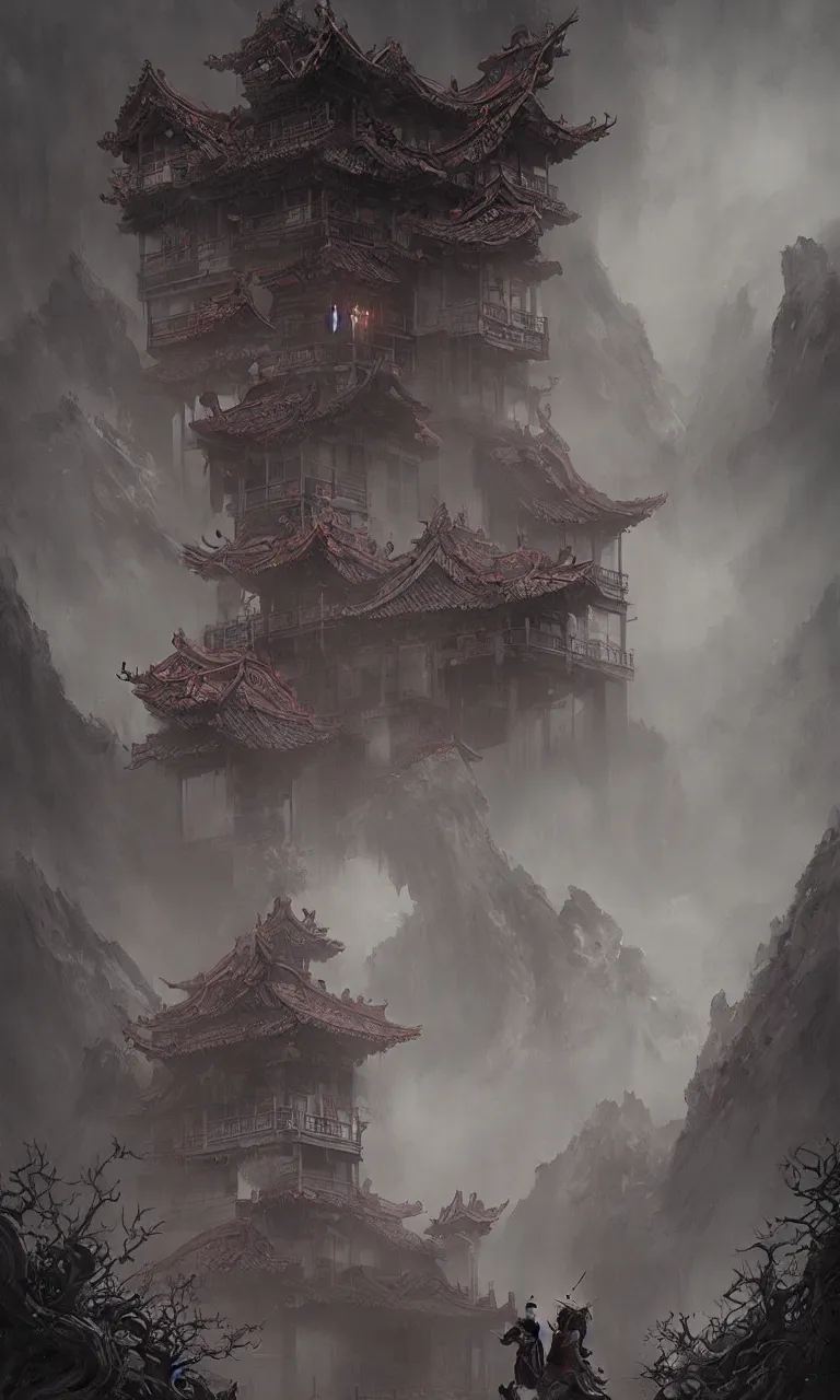 Image similar to chinese horror detailed art, house of the deceased, cinematic view, detailed, concept art, high detail, dark fantasy lighting, volumetric, trending on artstation, art greg rutkowski