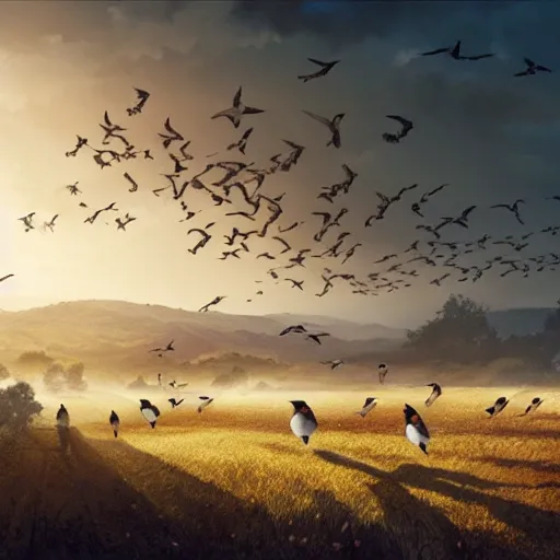 Image similar to flock of spanish swallow birds in avila, green fields, oaks, morning light, spring, 4 k, midday light, concept art, by wlop, ilya kuvshinov, artgerm, krenz cushart, greg rutkowski, pixiv. cinematic dramatic atmosphere, sharp focus, volumetric lighting, cinematic lighting, studio quality