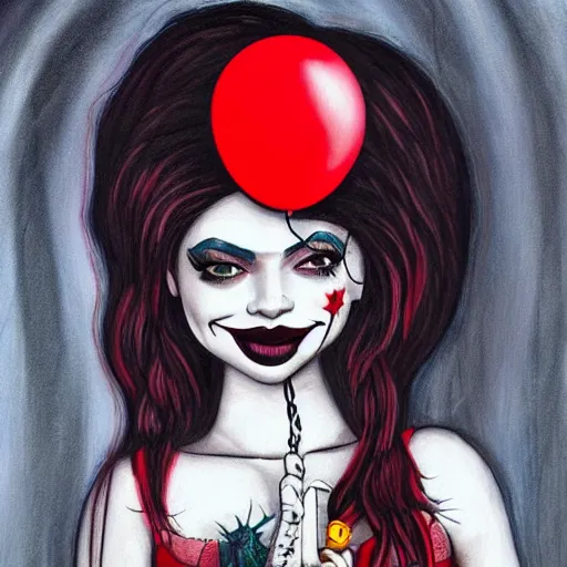 Image similar to grunge cartoon painting of kylie jenner with a wide smile and a red balloon by chris leib, loony toons style, pennywise style, corpse bride style, horror theme, detailed, elegant, intricate