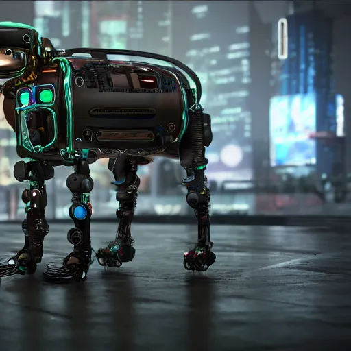 Prompt: cyberpunk dog robot, photorealistic, 8 k, highly detailed, lots of wires, scary, reflections, metal, 8 k