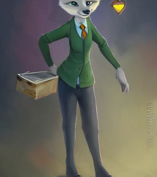 Image similar to oil painting of full body of anthromorphic female wolf, in style of zootopia, zootopia, zootopia, fursona, furry, furaffinity, 4 k, deviantart, furry art, fursona art, wearing black business suit, business suit, in style of zootopia, wolf fursona, cyberpunk, female, expressive detailed feminine face,