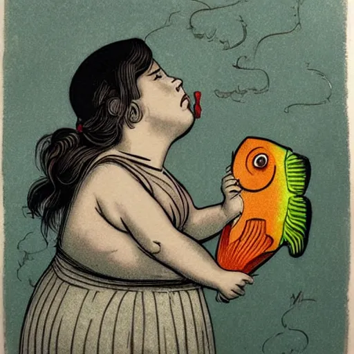 Prompt: the same style. the most beautiful little fat sweet girl is kissing a huge colorful cute fish. modern etching. colored print. hype realistic scene.