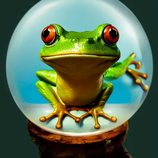 Prompt: eye - level shot of a cute frog sitting on top of a giant glass sphere, concept art, by esao andrews, by m. w. kaluta, by pixar, volumetric light, rich colors, very humorous!!!, realistic reflections, smooth, depth perception, tilt shift, 4 k, unreal engine 5, artstation