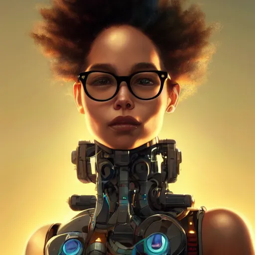 Prompt: an insanely detailed portrait of zoe kravitz repairing a broken robot, she has straight short red hair, she is wearing glasses, in the style of peter mohrbacher, artgerm, dramatic lighting and composition, octane render, trending on artstation, concept art