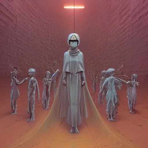 Prompt: the scene opens upon a bleeding android priest who is tending to his flock of children who are made of brilliant clear crystal, epic scope, cinematic, rule of thirds, hyperrealistic, 8 k, intricate detail, ultra detail, cyberpunk, superpop ultrabright, in the style of moebius, in the style of zdzisław beksinski.