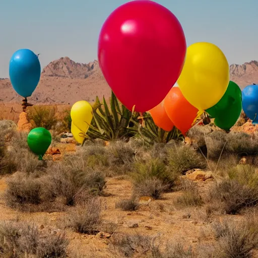 Prompt: party balloons in the desert, depth of field, photography, 8 k,