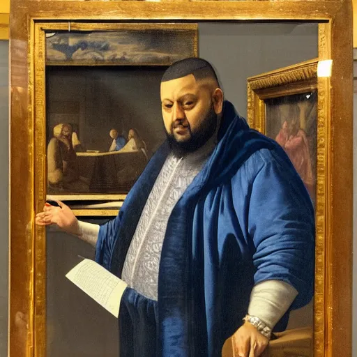 Prompt: a renaissance painting of dj khaled by vermeer, inside of a glass display inside of a museum, photograph