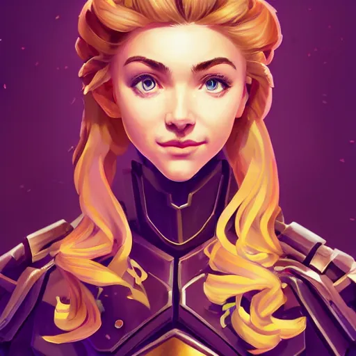 Image similar to masterpiece head-on symmetrical centered painted portrait, Imogen Poots as a paladin, blonde hair, glorious, wearing full metal armour, overwatch character, Blizzard Hearthstone concept art, pixar, maya engine on stylized background, splash comics, global illumination lighting, trending on artstation, by lois van baarle, ilya kuvshinov, rossdraws