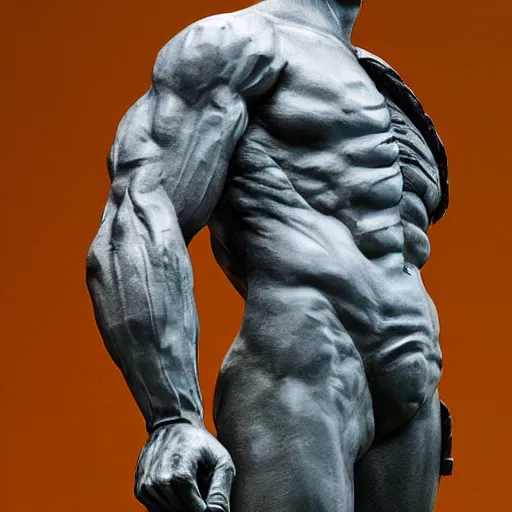 Image similar to statue of geralt from the witcher, posed like rodin's the thinker, museum photo