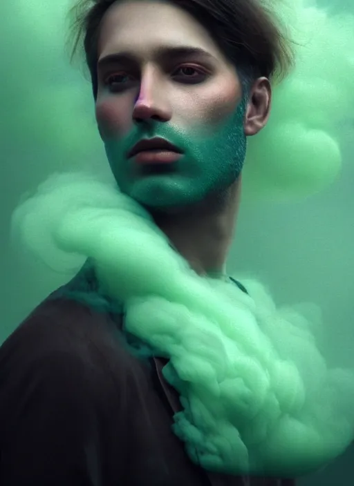 Image similar to an ethereal, misty portrait of a man whose face is accented with neon - toned glowing eyeliner. the makeup floats off his face and joins swirling clouds of smoke and fog, becoming an aurora. muted tones. surreal portrait, cinematic lighting, 8 k, smooth, sharp focus, digital painting, rendered in octane, painted by tom bagshaw, artgerm