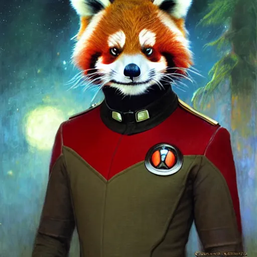 Image similar to a portrait of a male red panda in starfleet uniform at night in a dark forest. zootopia fursona furaffinity furry art detailed face painting by gaston bussiere craig mullins jc leyendecker gustav klimt artgerm greg rutkowski furry