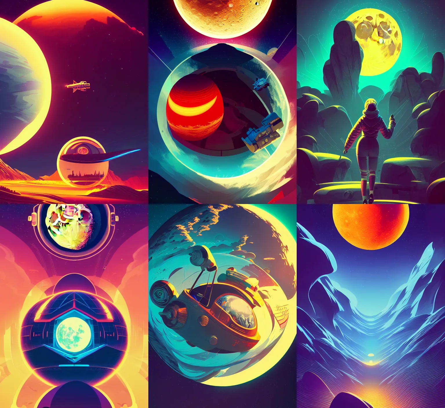 Prompt: retrofuturistic poster with 2 d graphics of the moon, orbital graphical lines, close up, wlop, dan mumford, artgerm, liam brazier, peter mohrbacher, 8 k, raw, featured in artstation, octane render, cinematic, elegant, intricate, 8 k