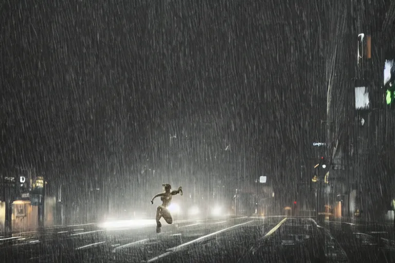 Prompt: vfx marvel sci-fi woman black super hero robot photo real full body action pose, flying over city street cinematic lighting, rain and fog by Emmanuel Lubezki