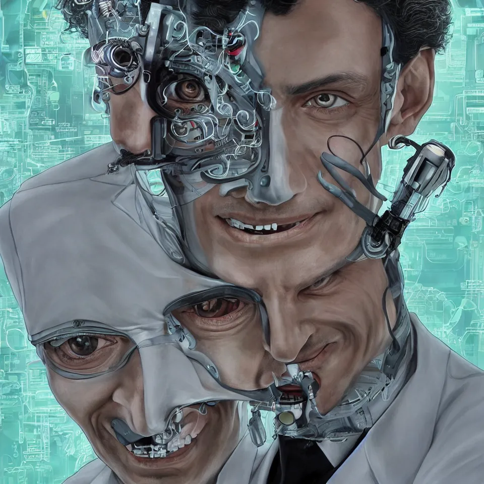 Image similar to A portrait photo of a latino mad scientist male with cyborg face looking at the camera with a queasy smile!!, wearing a black suit under a white laboratory coat, in a mixed style of Botticelli and Æon Flux!!, inspired by Simon Stålenhag paintings, and cyberpunk!!!, stunningly detailed, stunning inking lines, flat colors, 4K photorealistic