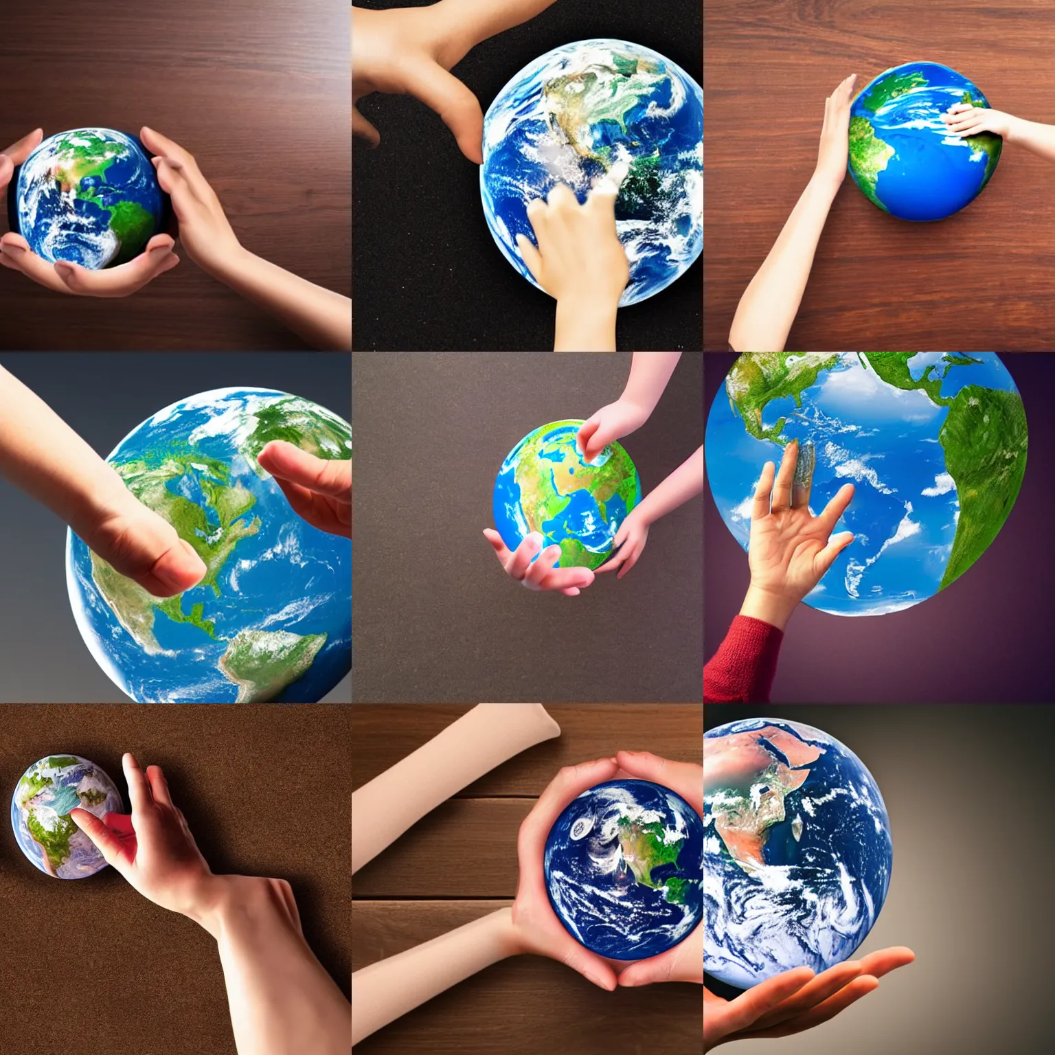 Prompt: a hand reaching out to pick up the planet earth on a table