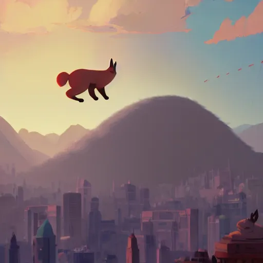 Image similar to giant fat fluffy cute caracal floating above a mountain city with lot's of clouds, detailed, cory loftis, james gilleard, atey ghailan, makoto shinkai, goro fujita, studio ghibli, rim light, exquisite lighting, clear focus, very coherent, plain background