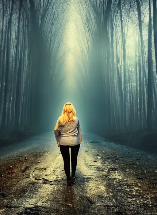 Image similar to beautiful blonde female cop walking through forest of crashed cars, wide shot, full perspective, curvy, mystery, fog, night time, starry skies.