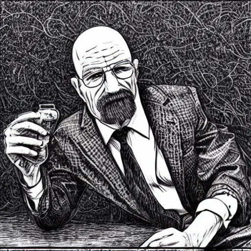 Image similar to The Artwork of R. Crumb and his Cheap Suit Breaking-Bad-Walter-White, pencil and colored marker artwork, trailer-trash lifestyle