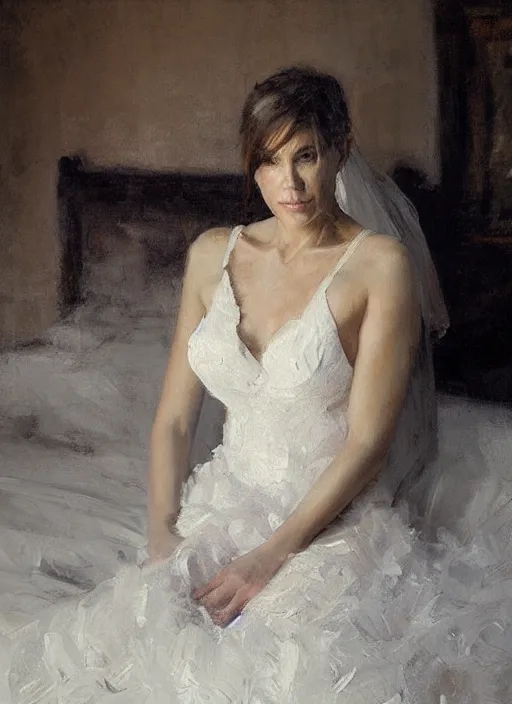 Image similar to portrait painting of a woman posing in an artistic over a bed, white lace wedding dress by jeremy mann, only one head single portrait