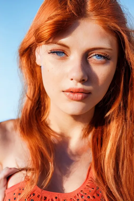 Image similar to olive skinned female model in her twenties with strawberryblonde hair, wearing a designer top, looking content, focused on her neck, photo realistic, extreme detail skin, natural beauty, no filter, slr, golden hour, 4 k, high definition, selfie