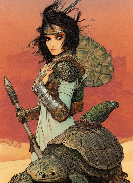 Image similar to portrait of a little warrior girl character sitting on top of a giant armored turtle in the desert, epic character with dark skin and beautiful green eyes. the girl has a very beautiful detailed symmetrical face, long black hair. the turtle has a big wise face and closed eyes, diffuse night light, dramatic landscape, fantasy illustration by mucha