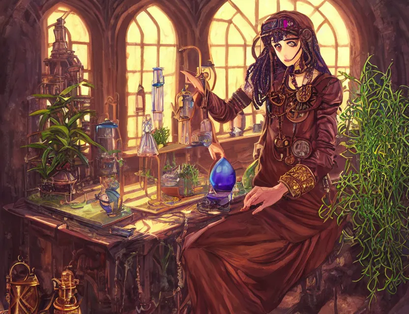 Image similar to middle eastern scifi alchemist in a well lit study with crystals and potted plants, wearing a lovely dress with steampunk details. this oil painting by the award - winning mangaka has an interesting color scheme and impeccable lighting.