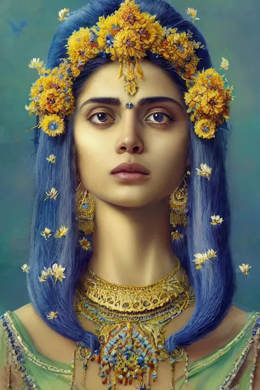 Image similar to a pale Indian girl with white hair, floral crown, sad blue eyes, cinematic lighting, ultra detailed, highly detailed, sharp focus, golden background with flowers, golden jewellery with blue sapphires, photographic, art by artgerm and greg rutkowski and zdislav beksinski