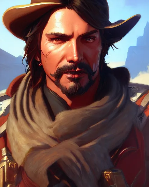 Image similar to mccree from overwatch, cinematic, stunning, highly detailed, digital painting, artstation, smooth, hard focus, illustration, art by artgerm and greg rutkowski and alphonse mucha