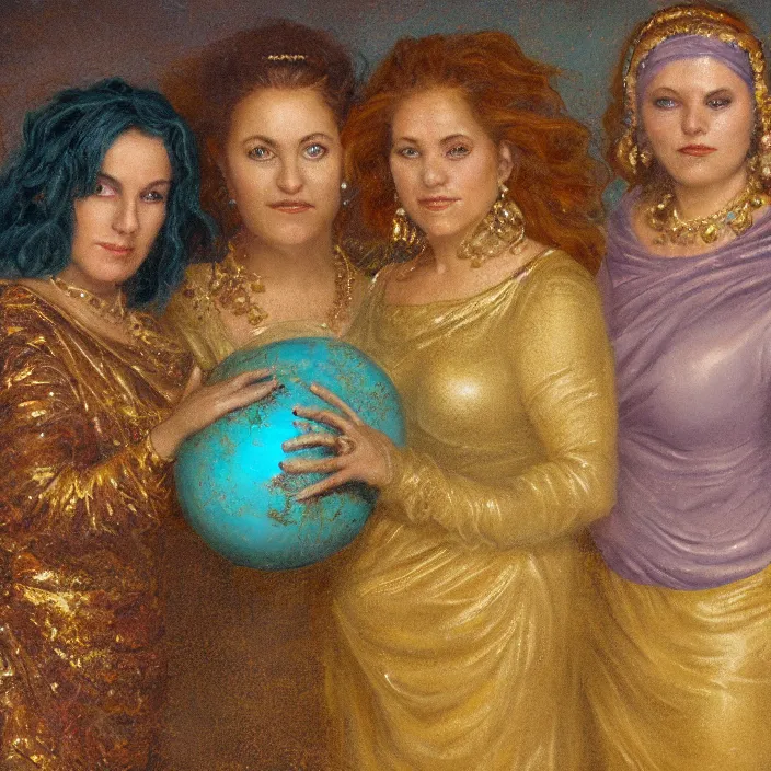 Prompt: a closeup portrait of a three women wrapped in gold, the three dates, three sirens, standing next to a levitating turquoise orb, in a misty pond, color photograph, by vincent desiderio, canon eos c 3 0 0, ƒ 1. 8, 3 5 mm, 8 k, medium - format print