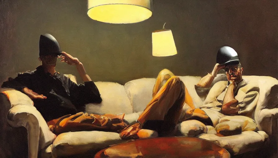 Prompt: a man with a lampshade on his head sitting on a sofa in a dark living room, painted by phil hale and rick berry