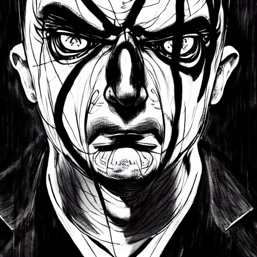 Prompt: Mr Bean looking sinister, by Tsutomu Nihei, highly detailed