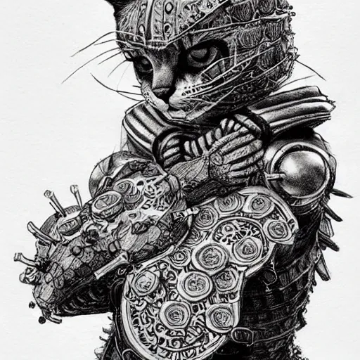 Prompt: Kitten with armor made of pizza, pen and ink, intricate line drawings, by Yoshitaka Amano, Ruan Jia, Kentaro Miura, Artgerm, detailed, trending on artstation, hd, masterpiece,