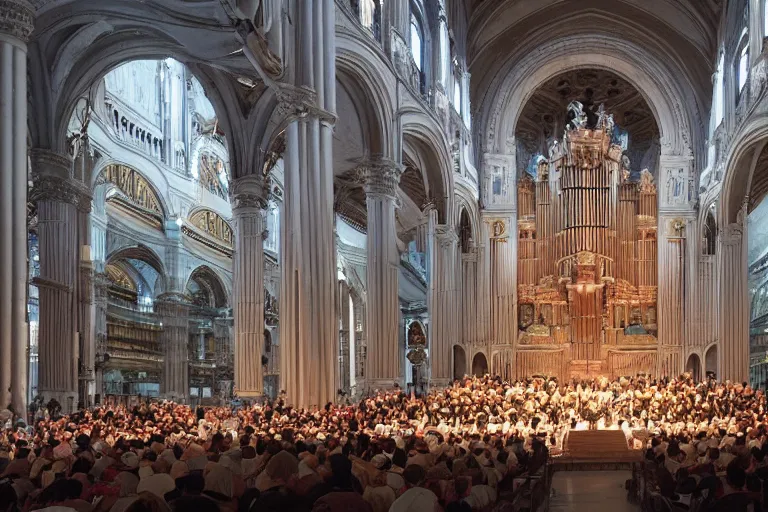 Prompt: huge crowd listens to a hermeneutic pipe organ concert in a vast basilica, matte painting, scenic full shot, ambient lighting, by makoto shinkai, stanley artgerm lau, wlop, rossdraws