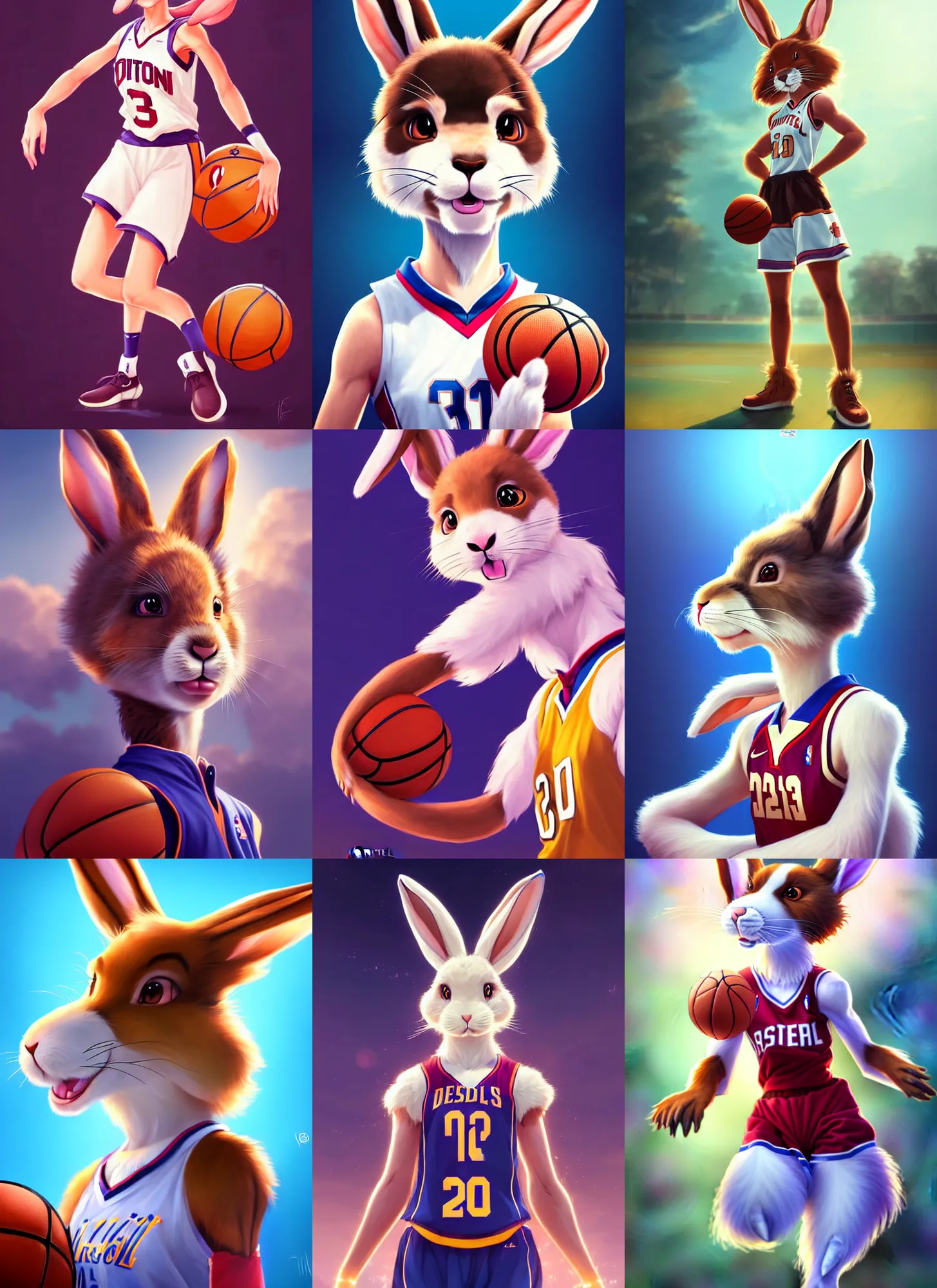 Prompt: beautiful portrait of a female anthropomorphic rabbit fursona wearing a basketball uniform. basketball stadium background. character design by disney, charlie bowater, ross tran, artgerm, and makoto shinkai, detailed, soft lighting, rendered in octane