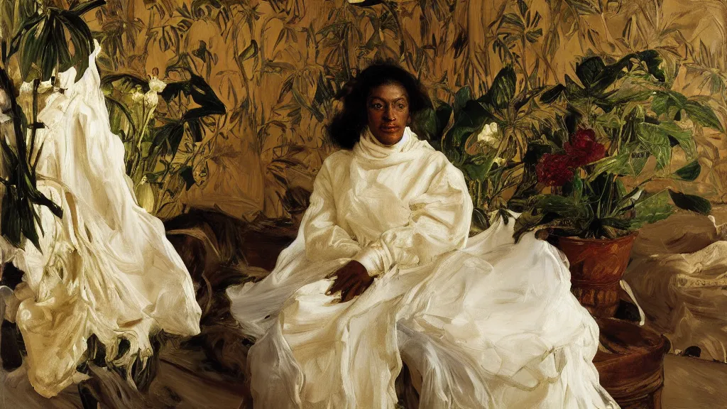 Image similar to high quality high detail painting by lucian freud, jenny savile, ilya repin and john singer sargent, black woman in a white room with many plants, intricate costume design, orientalist, partially gold, ornate, elite, luxury, hd