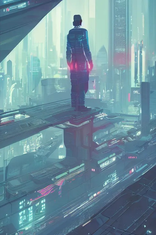 Image similar to a man standing on top of a bridge over a city, cyberpunk art by james gilleard, cgsociety, retrofuturism, synthwave, cityscape, 2 d game art