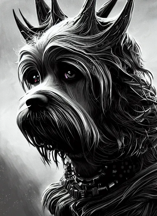 Image similar to dog as a god with flow hair and green eyes, very detailed face, black and white, detailed features, fantasy, circuitry, explosion, dramatic, intricate, elegant, highly detailed, digital painting, artstation, concept art, smooth, sharp focus, illustration, art by gustave dore, octane render