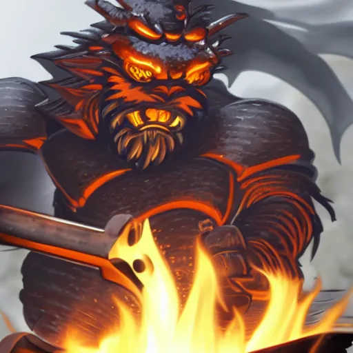 Prompt: a blacksmith fighting his forge the forge flames are forming a dragon