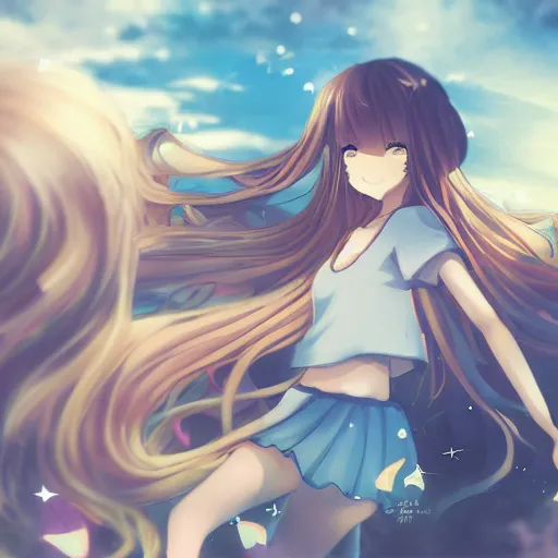 Image similar to a very beautiful anime girl, full body, long wavy blond hair, sky blue eyes, full round face, short smile, cute top, miniskirt, surround by a miniature crowd of people,wallpaper by wlop