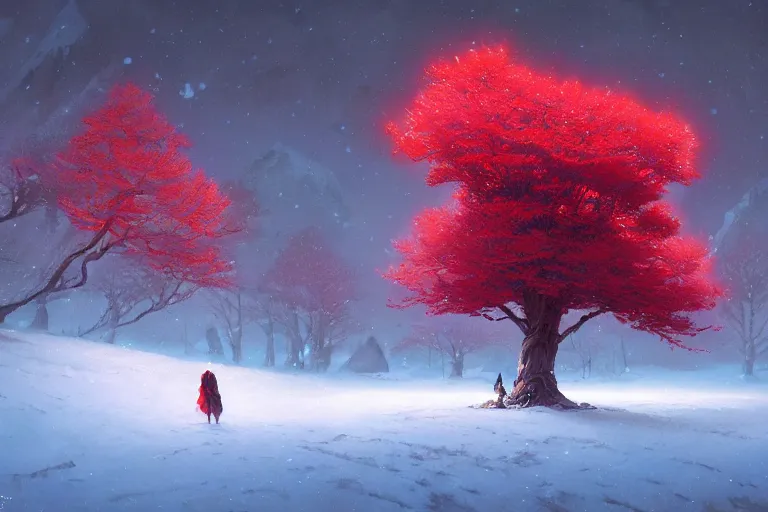 Image similar to giant tree in snow with red flowers, unreal engine, fantasy art by greg rutkowski, loish, rhads, ferdinand knab, makoto shinkai and lois van baarle, ilya kuvshinov, rossdraws, tom bagshaw, global illumination, radiant light, detailed and intricate environment