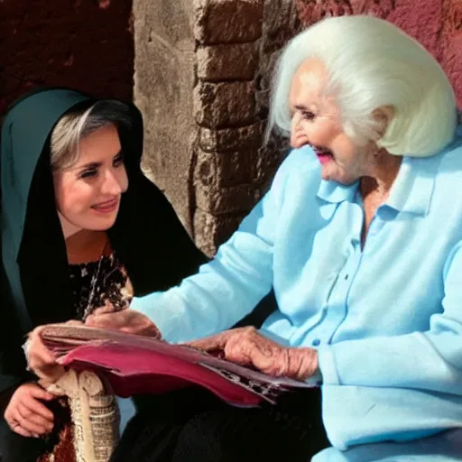 Prompt: photo of mirtha legrand talking with jesus in jerusalem