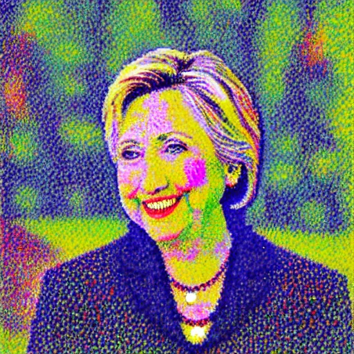 Prompt: very very very colorful pointillist portrait of hillary clinton wearing a beautiful necklace, painted by georges seurat