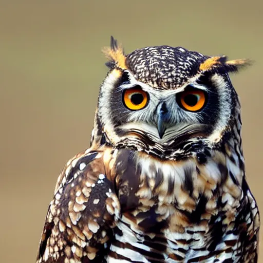 Prompt: spotted eagle owl hugging a red winged startling