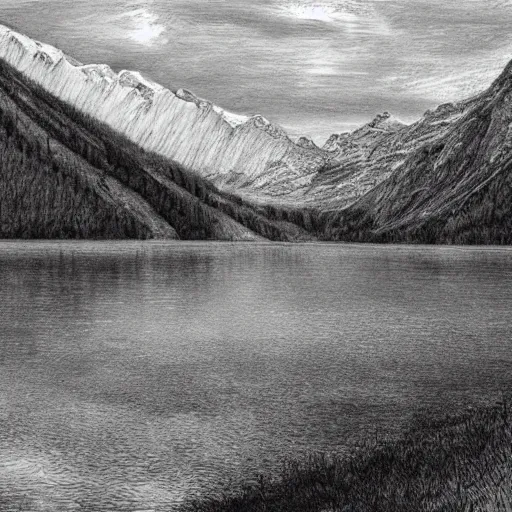 Prompt: lago di sorapis, hyper - realistic black and white drawing, hyper detailed, extreme long shot, in the style of den yakovelv