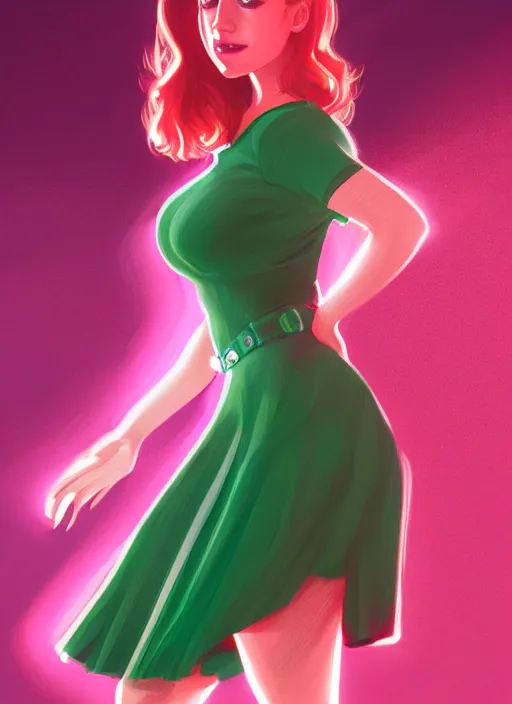 Image similar to full body portrait of teenage cheryl blossom, bangs, green eyes, sultry expression, red hair, sultry smirk, bangs and wavy hair, pink skirt, intricate, elegant, glowing lights, highly detailed, digital painting, artstation, concept art, smooth, sharp focus, illustration, art by wlop, mars ravelo and greg rutkowski