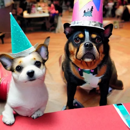 Image similar to dogs wearing party hats at mad hatter tea party