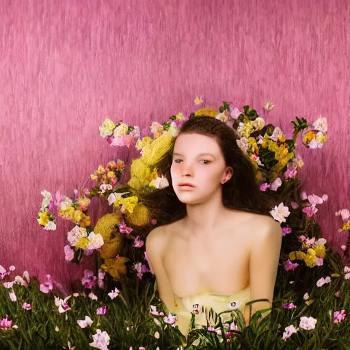 Prompt: photorealistic digital portrait of cute girl model, hair of flowers, in a gold bathtub full of flowers, natural lighting, 5 0 mm still image, artistic, award winning, elegant, by annie leibovitz,