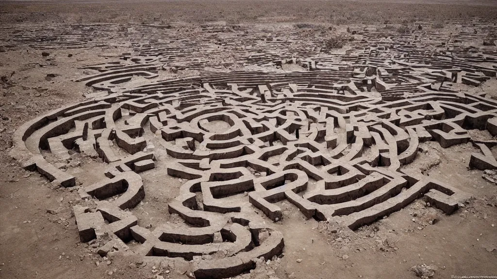 Prompt: surreal ancient ruins of a giant maze in the desert, photography by zhang kechun